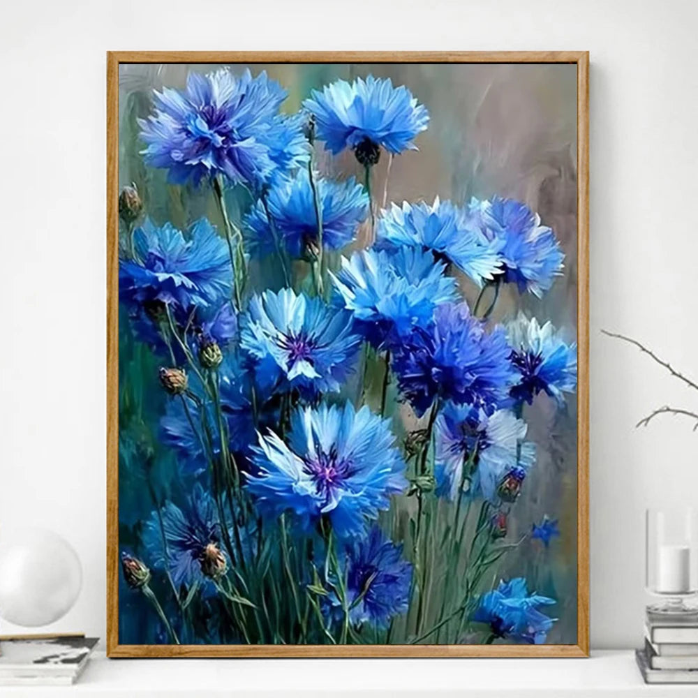 peinture numéros diy fleurs bleues vertes toile cadre bois simple facile nouveau peintre decor