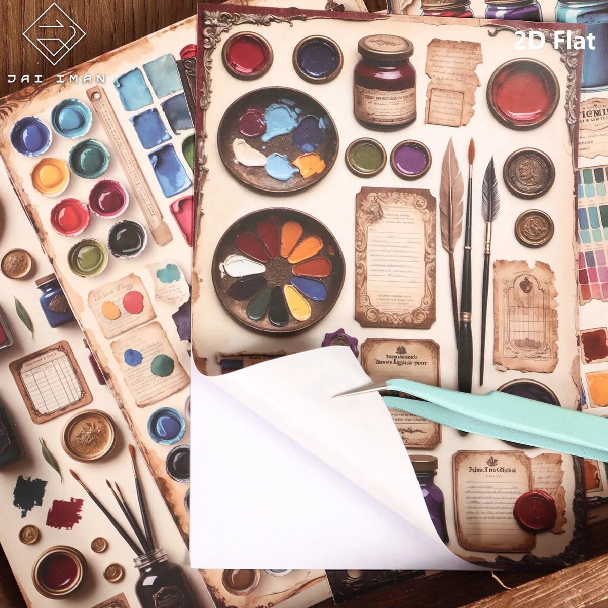 autocollants vintage multicolores floral adhésifs scrapbooking papier fleurs papillons étiquettes pinceaux peinture palette