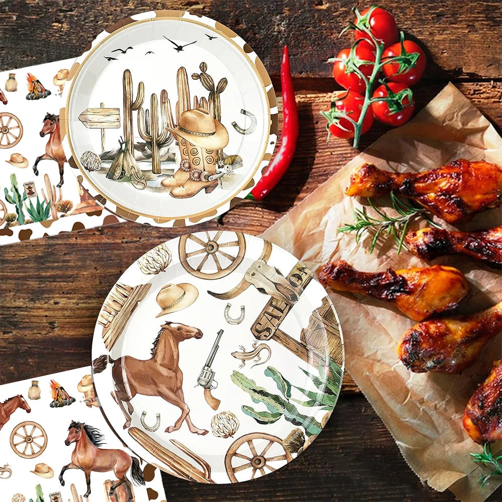 assiettes western verres serviettes nappe happy birthday chevaux cactus bottes motifs festives anniversaire noel