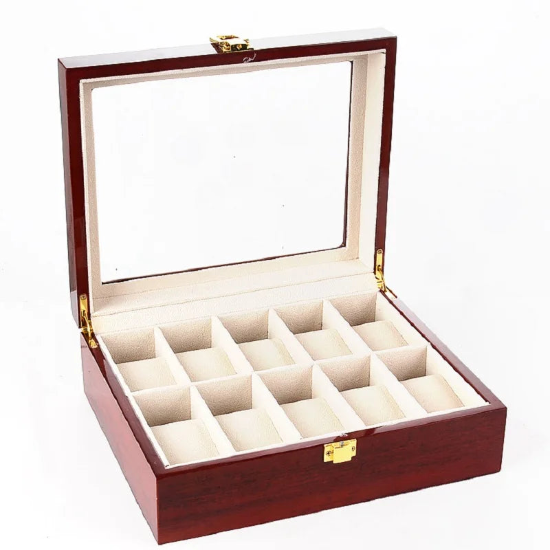 boîtes montres marron foncé compartiments bois luisants poignées dorées classiques organisateur montres luxueuses