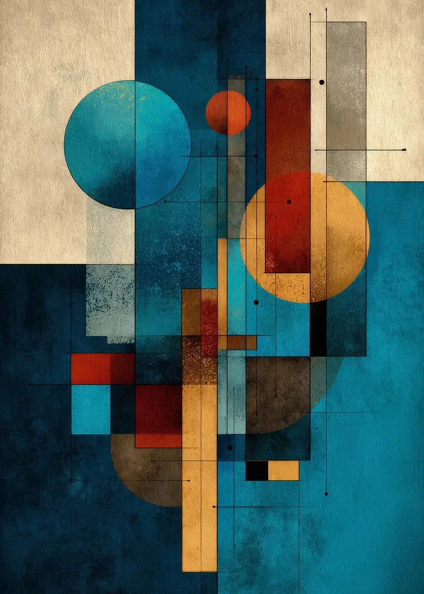 toile d'art abstrait moderne composition géométrique bleu rouge beige noir