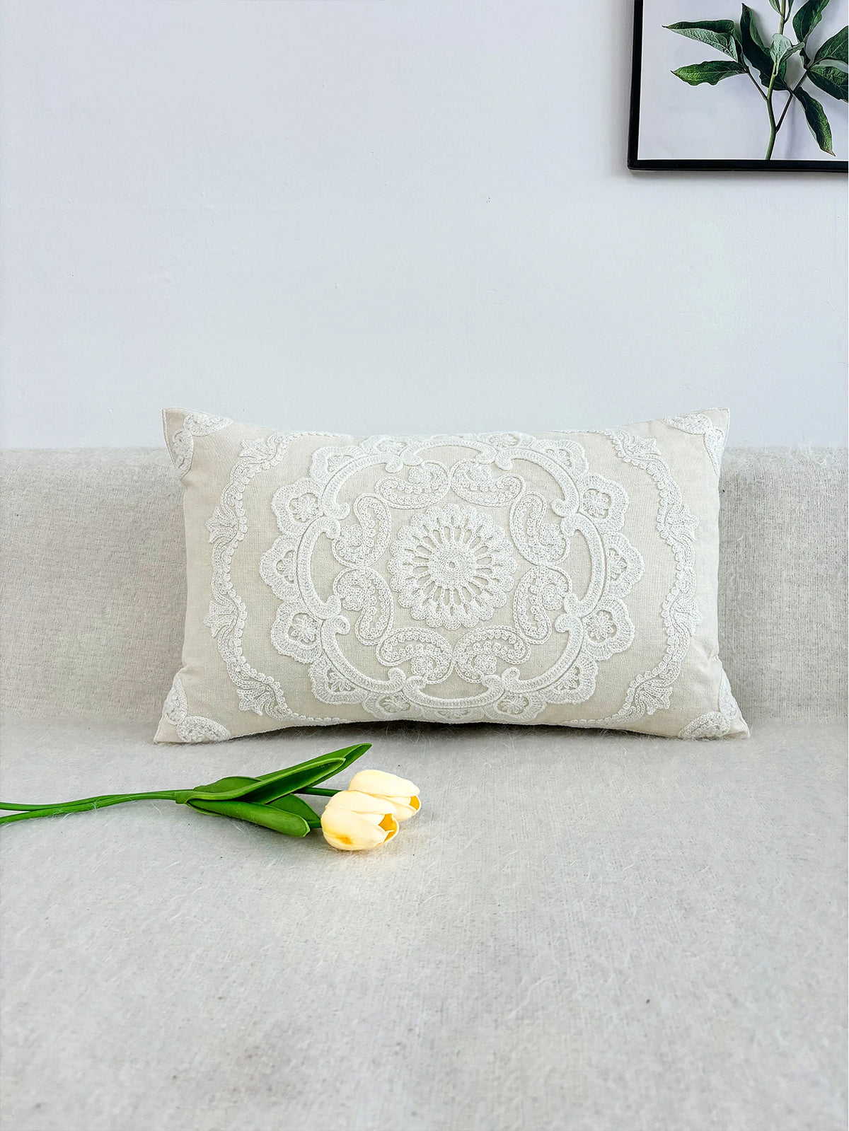 taie d'oreiller ronde brodée polyester élégante housse coussin fermeture éclair motif complexe beige clair