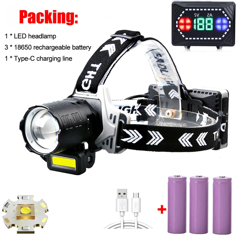 lampe frontale led 12000 lumens sensor tactique camping hiker zoomable étanche