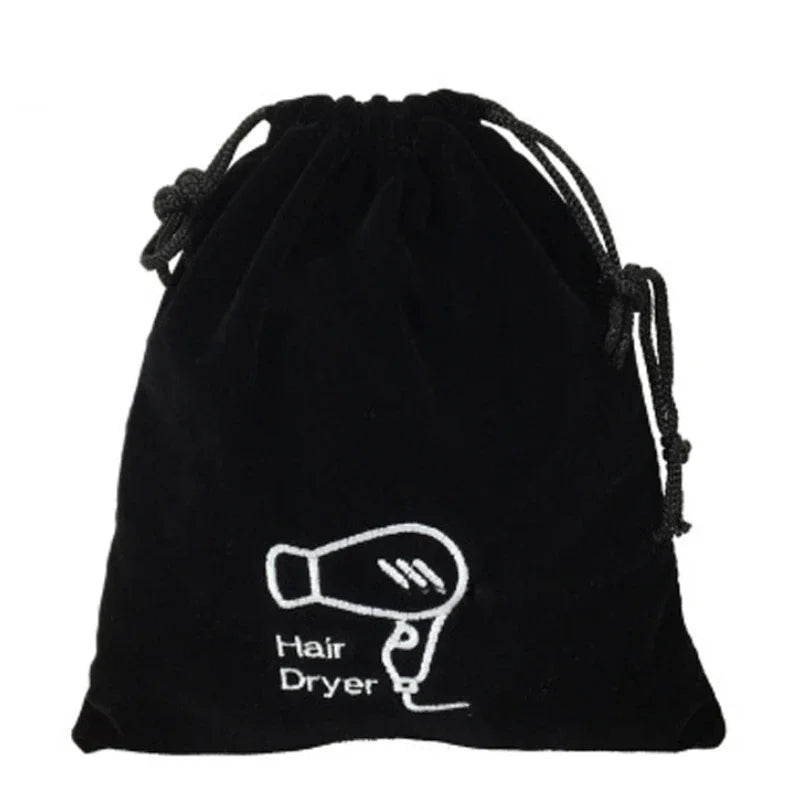 sac rangement noir velours sèche cheveux brodé cordon serrage utilitaire multi usage compression 26x30cm
