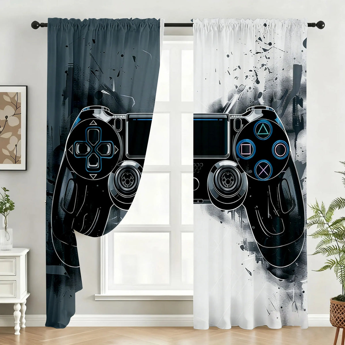 rideau moderne manette jeu gris noir blanc motif abstrait translucide polyester chambre jeu