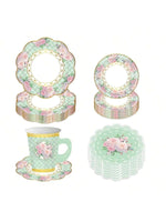 vaisselle jetable service thé ensemble 16 invités tasses assiettes serviettes fleurs roses vintage vert