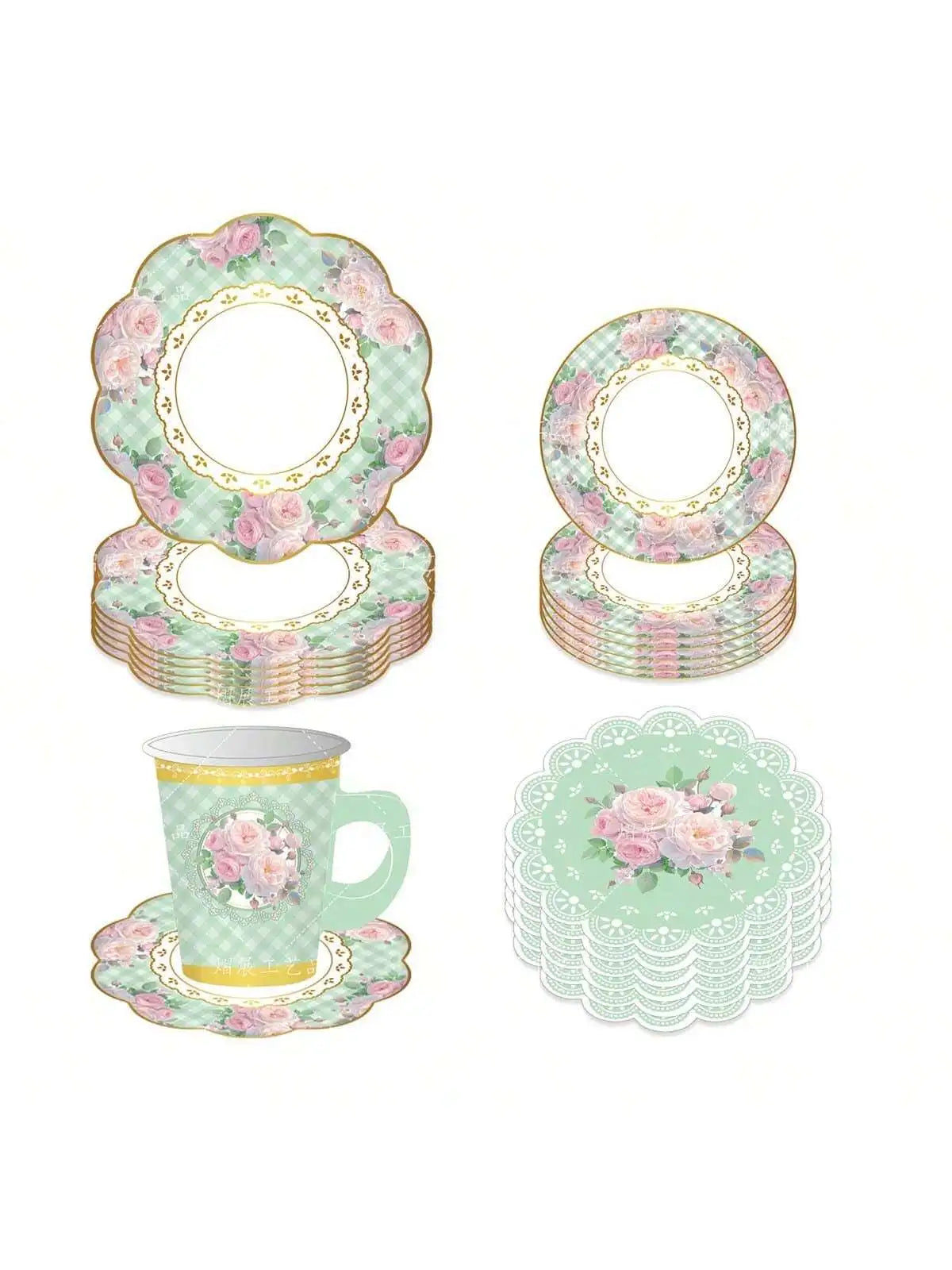 vaisselle jetable service thé ensemble 16 invités tasses assiettes serviettes fleurs roses vintage vert