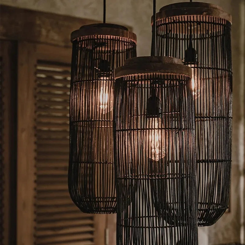 lampe suspendue rattan moderne ampoule filament noir beigeclair chambre salonhôtel