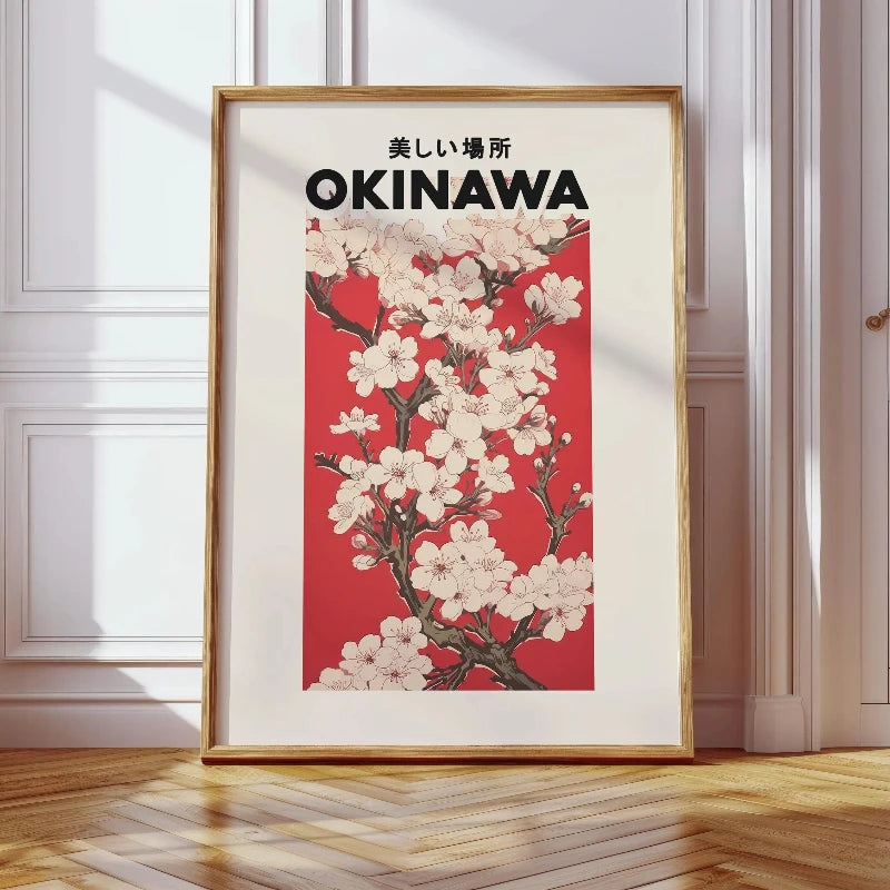 affiche toile fleur cerisier okinawa rouge blanche textes zen japonais vintage graphique chambre salon