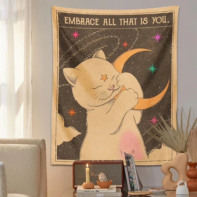 tapisserie murale chats lune soleil bohème chambre esthétique kawaii beige rose verte bleue orange
