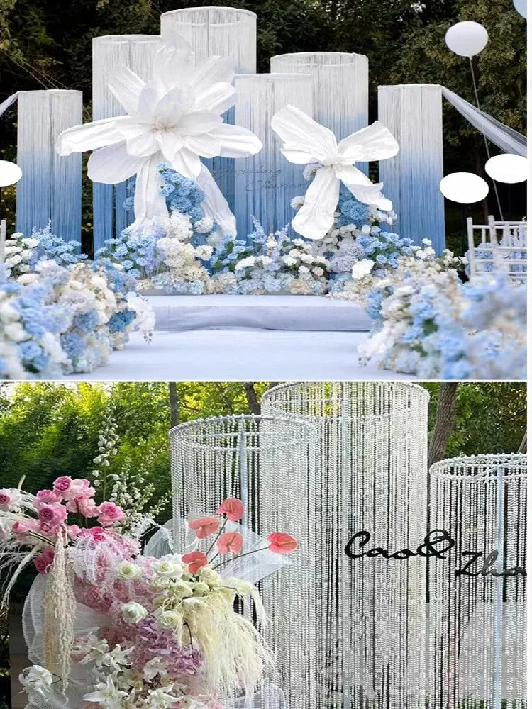 supports décoration métal blanc doré moderne élégants rideaux décoration mariage fêtes extérieures