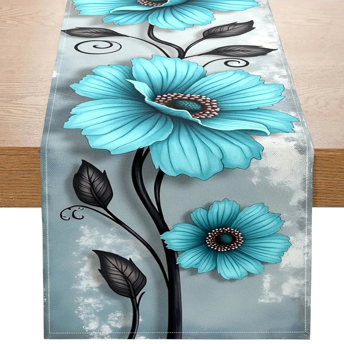 chemin table moderne floral bleu clair gris polyester imitation lin neutreintérieurhôtel