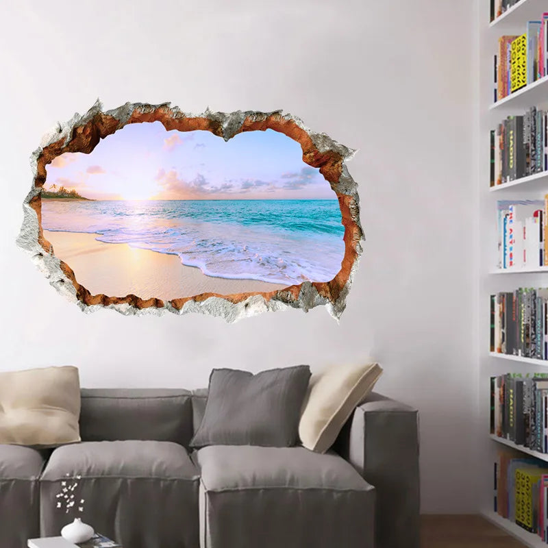 sticker mural plage multicolore coucher soleil océan réaliste 3D adhésif facile appliquer dimension 40x60cm