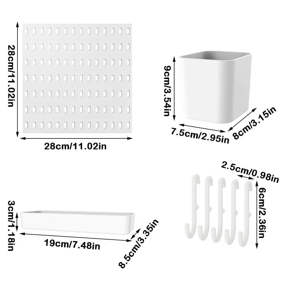 panneau rangement blanc moderne perforé clips étagères porte clés crayons photos bouteilles savon serviettes