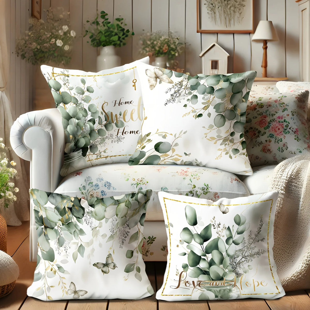 coussin blanc feuilles eucalyptus papillons texte sweet love hope zipper 45x45cm