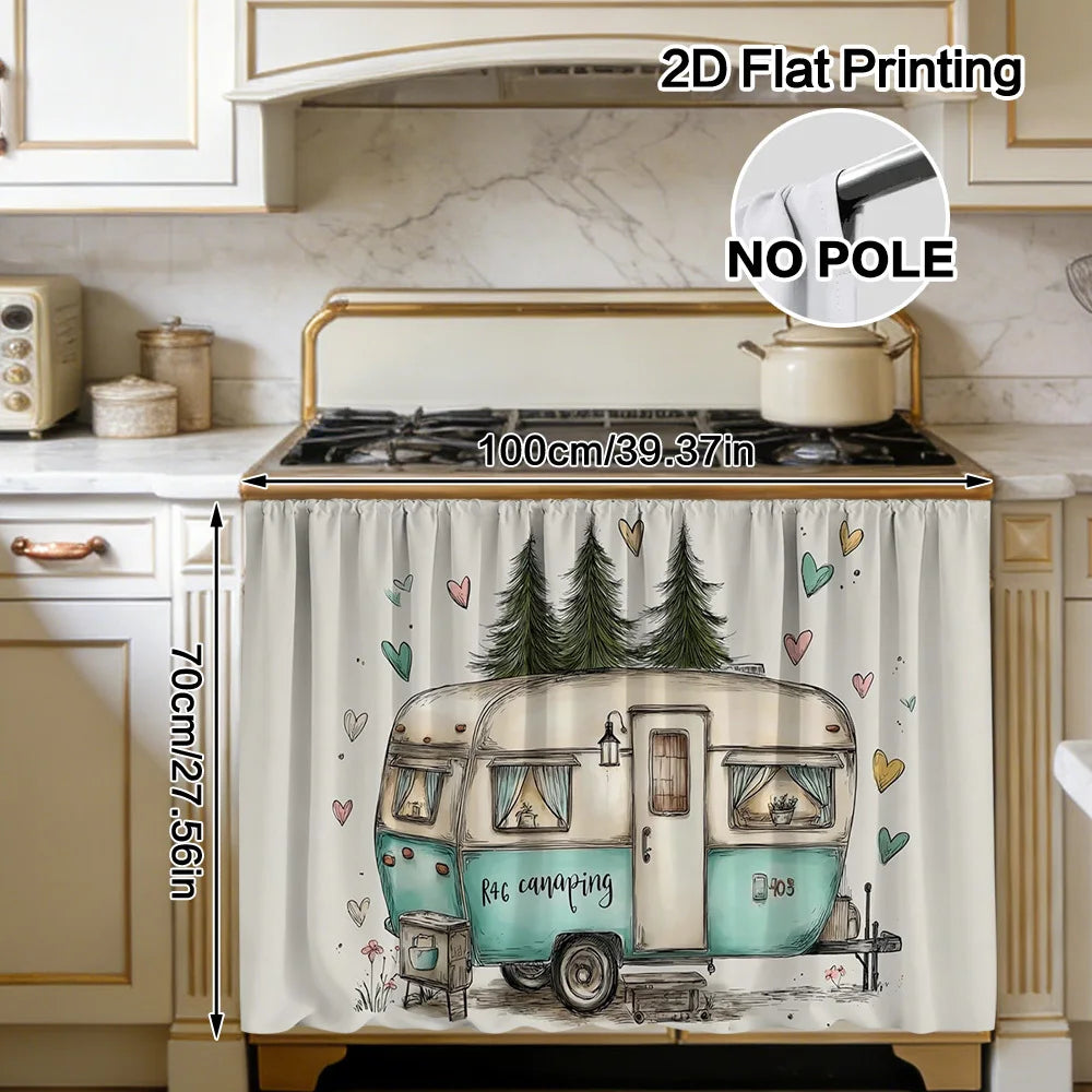 rideau cuisine illustration camping car arbres blanc vert beige four seasons classic machine wash