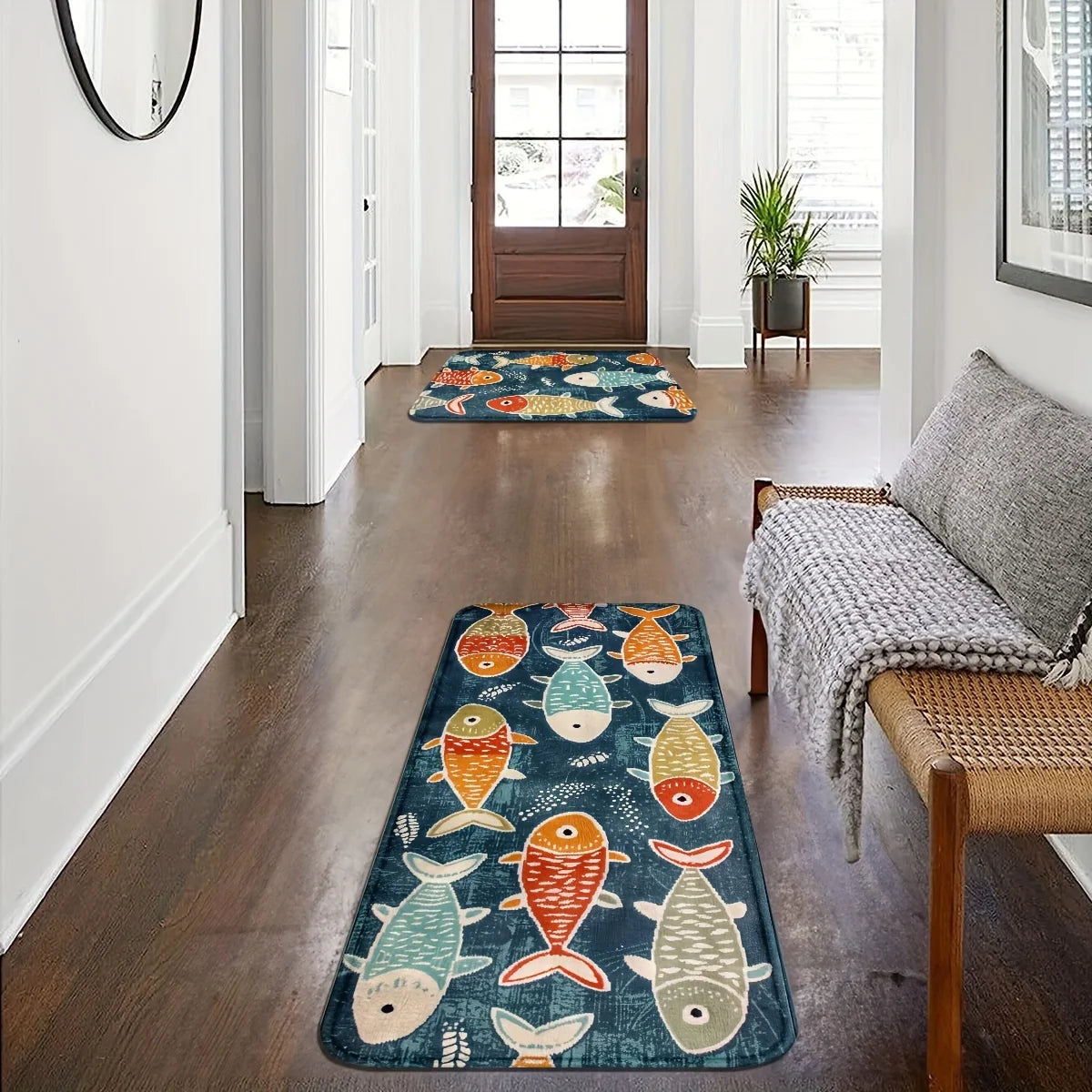 tapis poissons colorés moderne imperméable fond antidérapant polyester velours intérieur extérieur bleu foncé orange