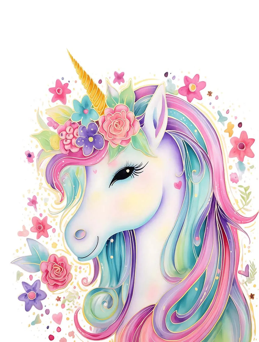 toile d'art abstraite licorne arc ciel nuages coeurs enfantins decoration murale multicolore illustration maison