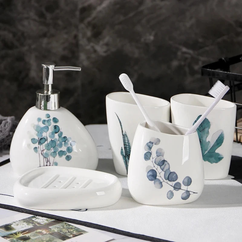 ensemble salle bain céramique éco friendly blanc bleu vert fleuri