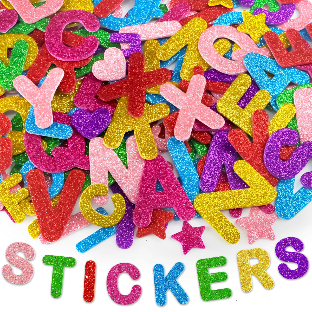 sticker mousse pailletée multicolore alphabet coeur étoile décoration brillante adhésif scolaire festif loisirs créatifs