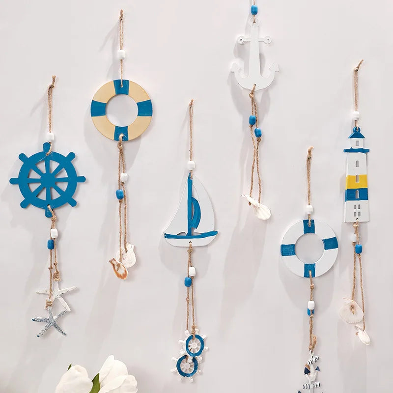décorations murales thème marin bois bleu blanc ancres phares voiles roues navire coquillages étoiles