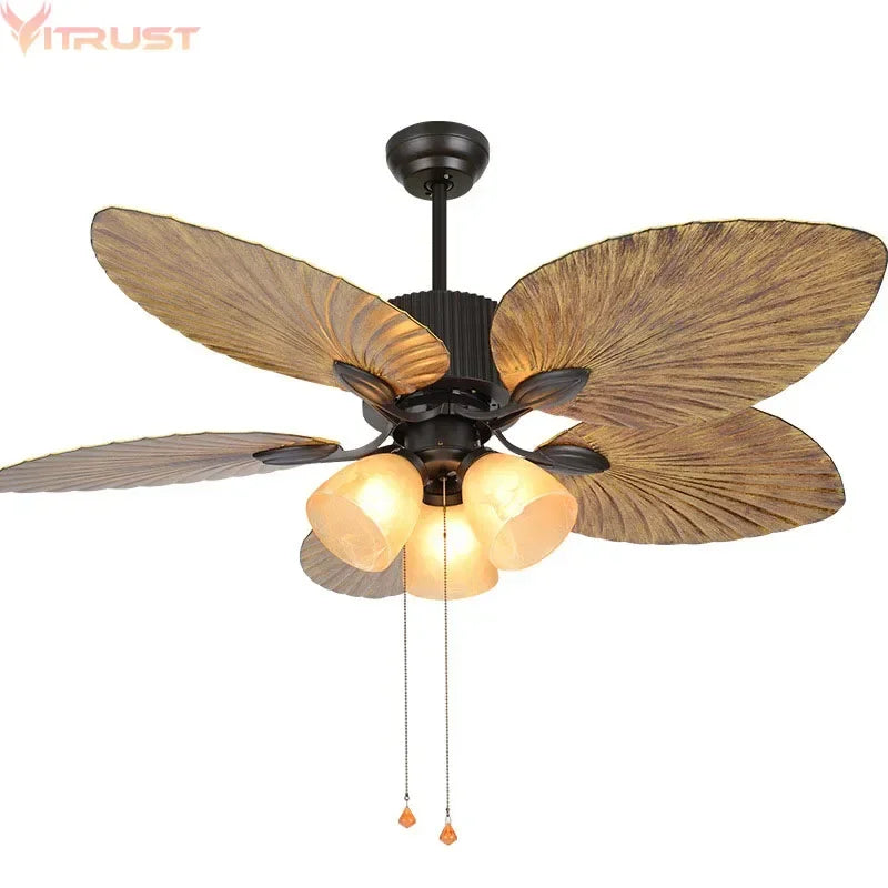 ventilateur moderne noir ampoules led feuilles palmier télécommande rustique chambre salon
