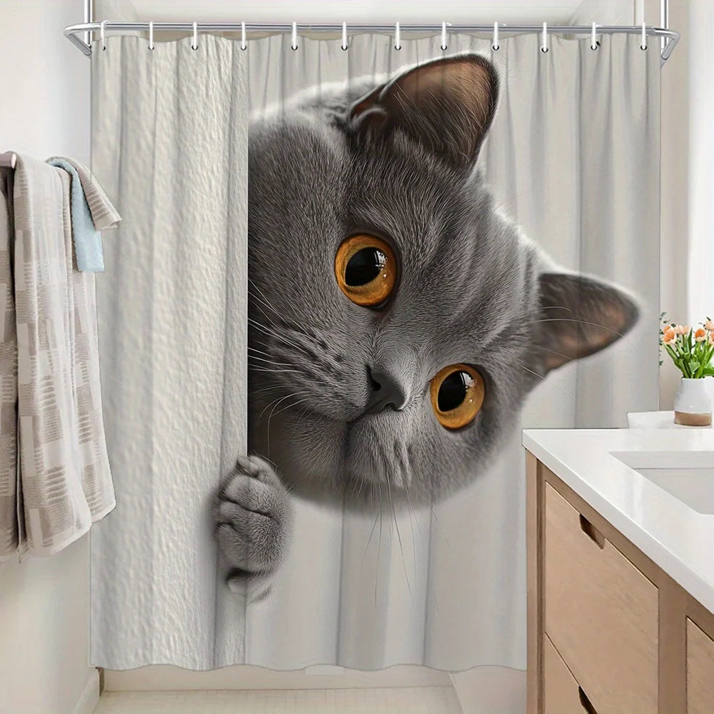 rideau douche chaton gris blanc motif humoristique moderne tringle texture polyester blanc fond