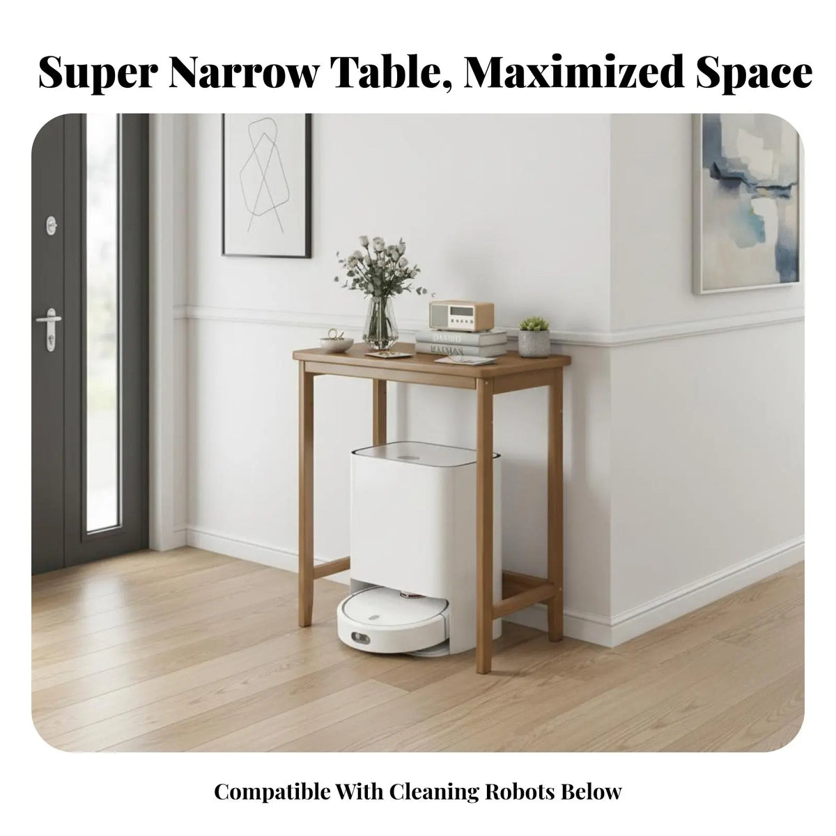 Table console violet profond avec décoration dans un couloir