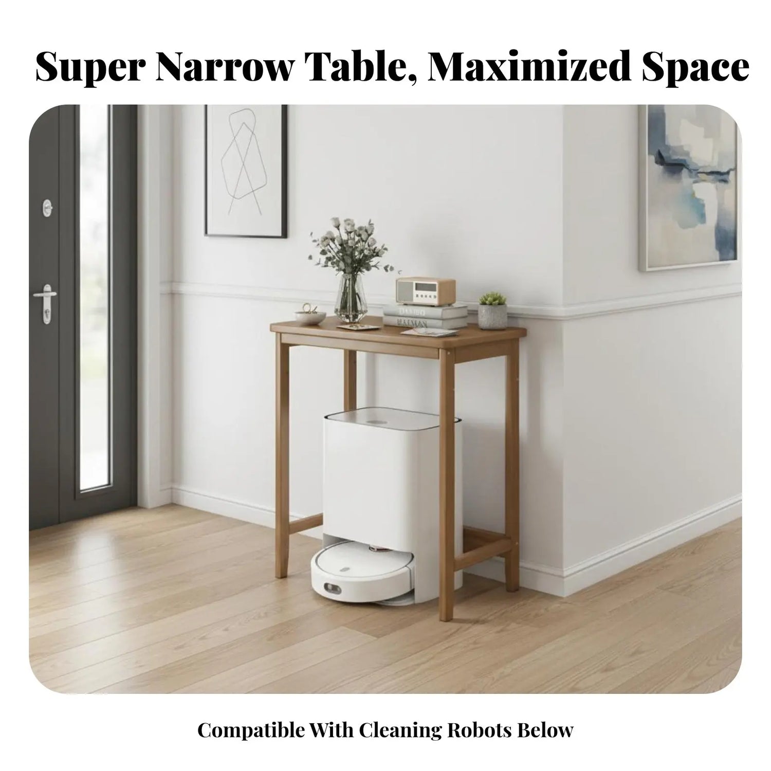 Table console violet profond avec décoration dans un couloir