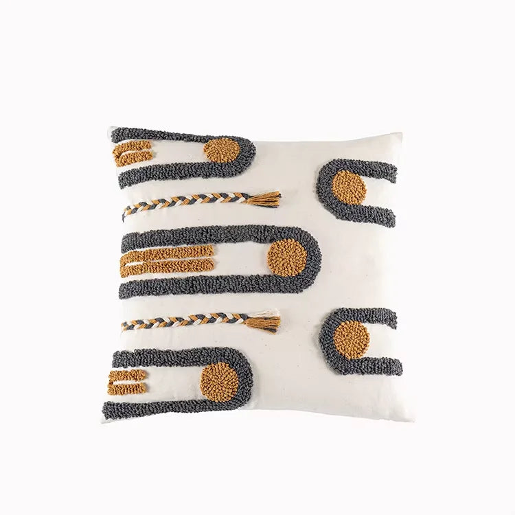 taies d'oreiller géométriques brodées modernes coton polyester blanc orange gris respectueux environnement opaques maison