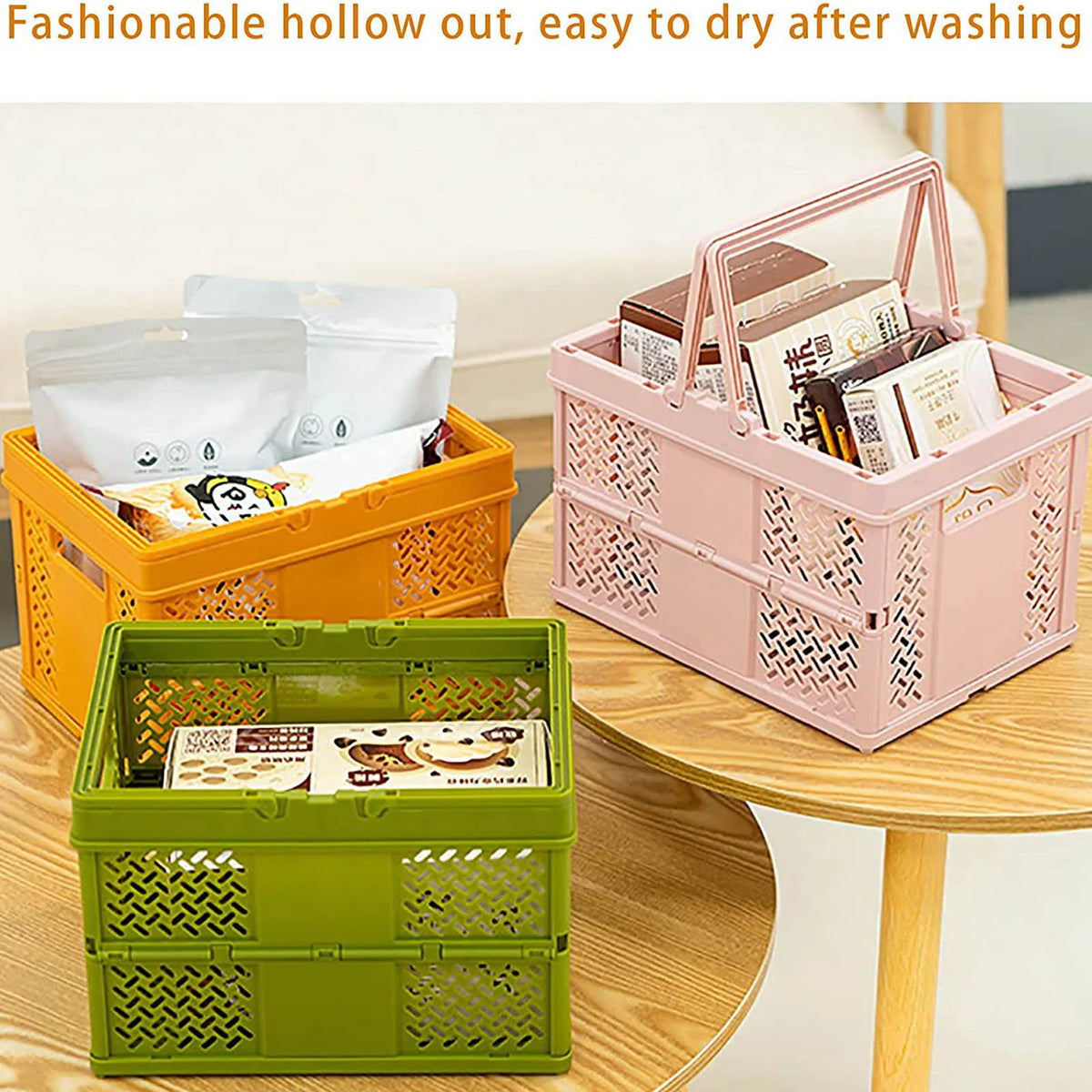 panier pliable orange rose vert moderne poignées détachables grille géométrique opaquet multifonctionnement