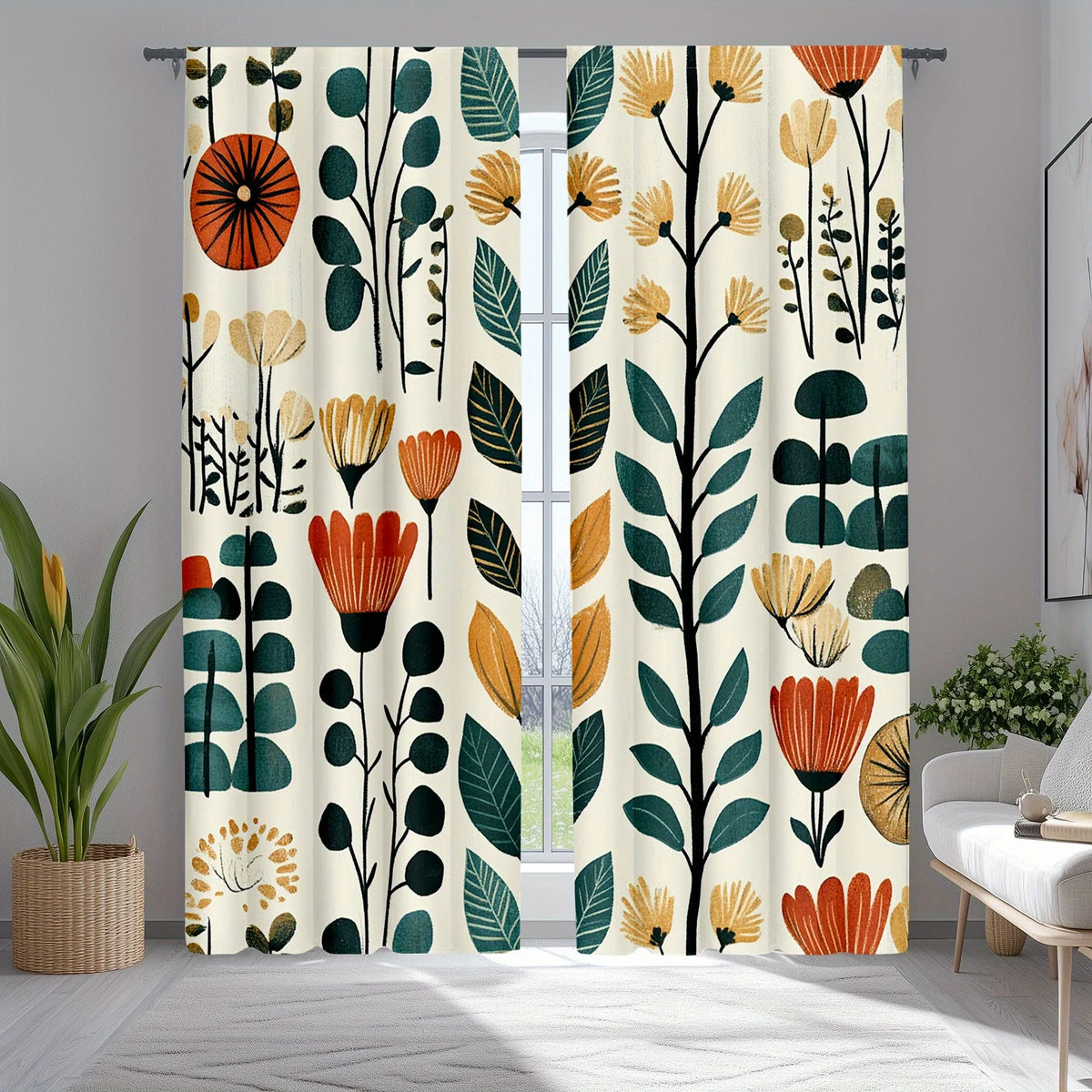 rideau moderne fleurs stylisées beige vert orange jaune noir opaque polyester fenêtre