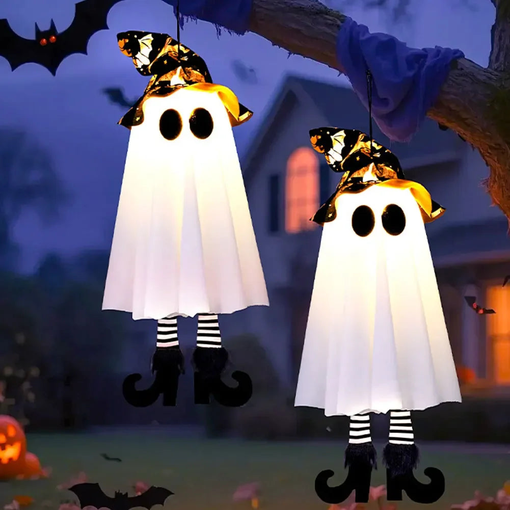 décoration halloween fantôme blanc suspendu chaussettes colorées yeux noirs led clignotante boîte piles
