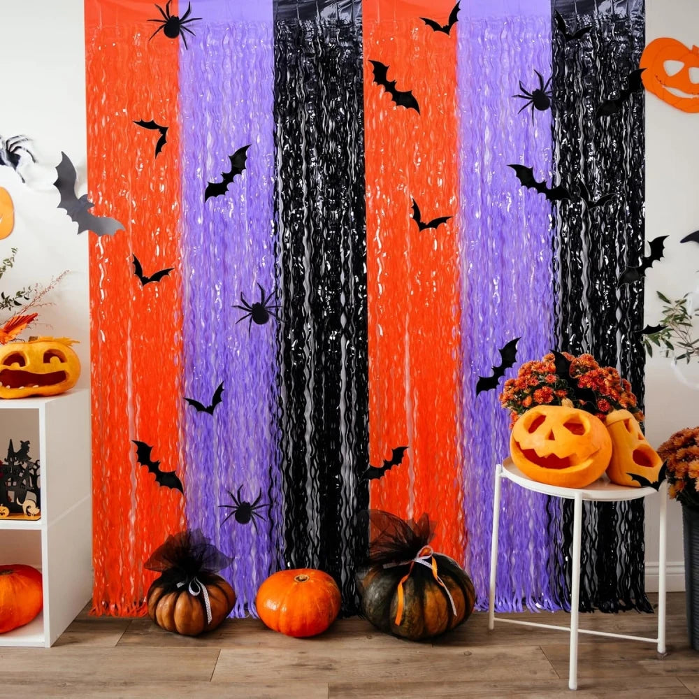 rideau décoratif halloween orange violet noir rayures chauves souris araignées adhésif opacité festif