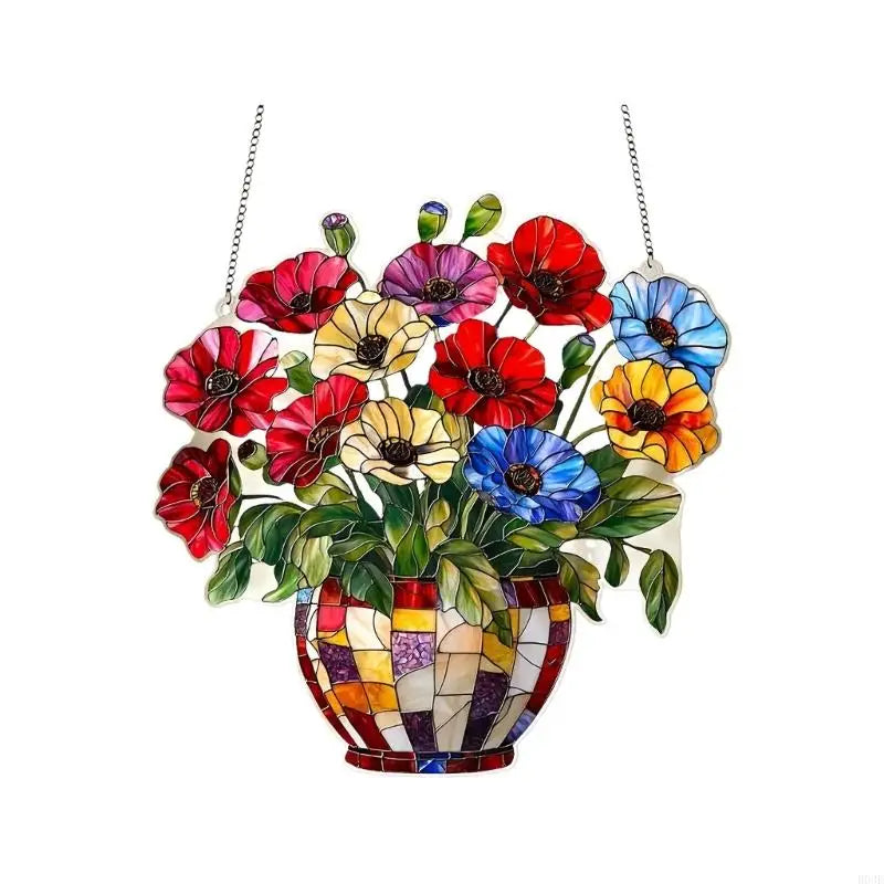 panneau suspendu multicolore acrylique mosaïque artisanal fleurs vases décoration extérieure fête ornement