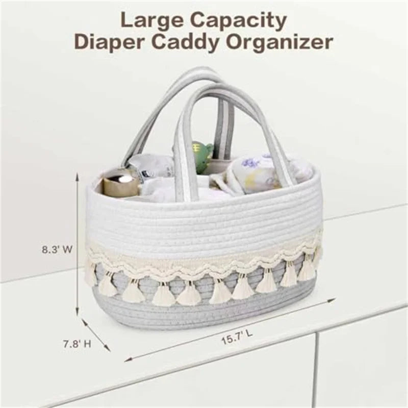 panier tressé rangement couches lingettes bébé rustique gris blanc beige