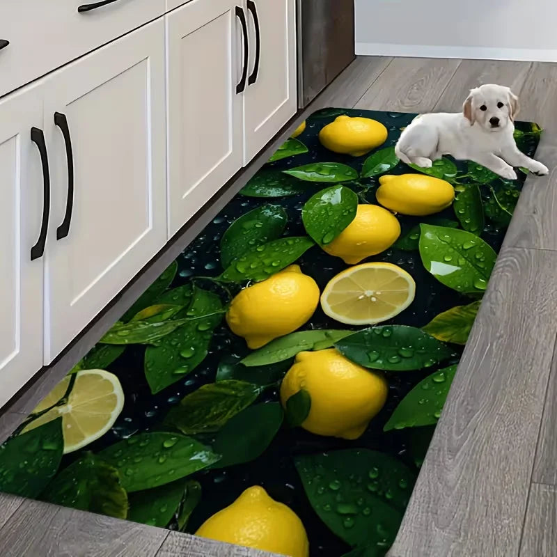 tapis sol antidérapant citrons feuilles moderne jaune vert texture douce