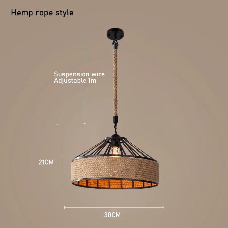 lampe suspendue industrielle corde naturelle marron clair métal structure ajustable salon chambre