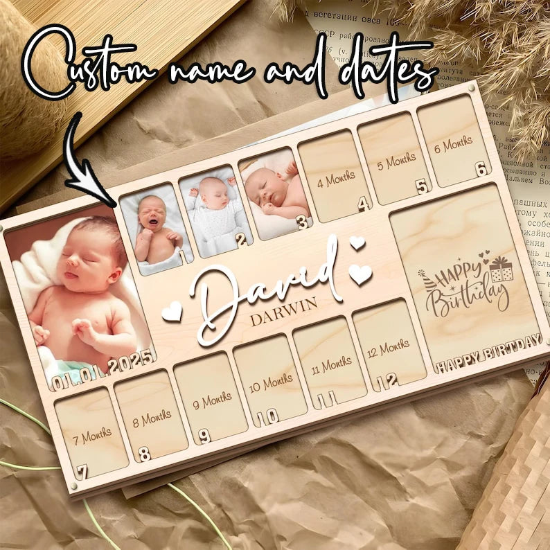 calendrier photo personnalisable bois clair moderne compartiments photos nom date événements familiaux souvenirs naissance