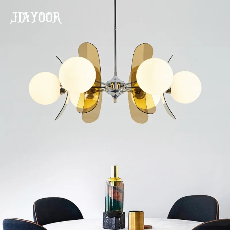 suspension lumineuse moderne sphères translucides métal doré salon chambre salle manger