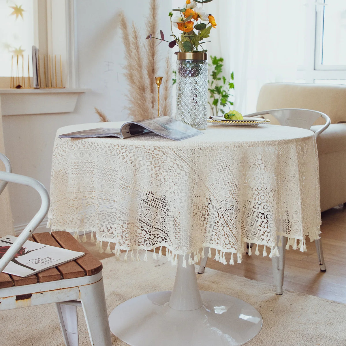 nappe table crochet pompons dentelle beige motifs floraux boho chic réutilisable coton table restaurantextérieur