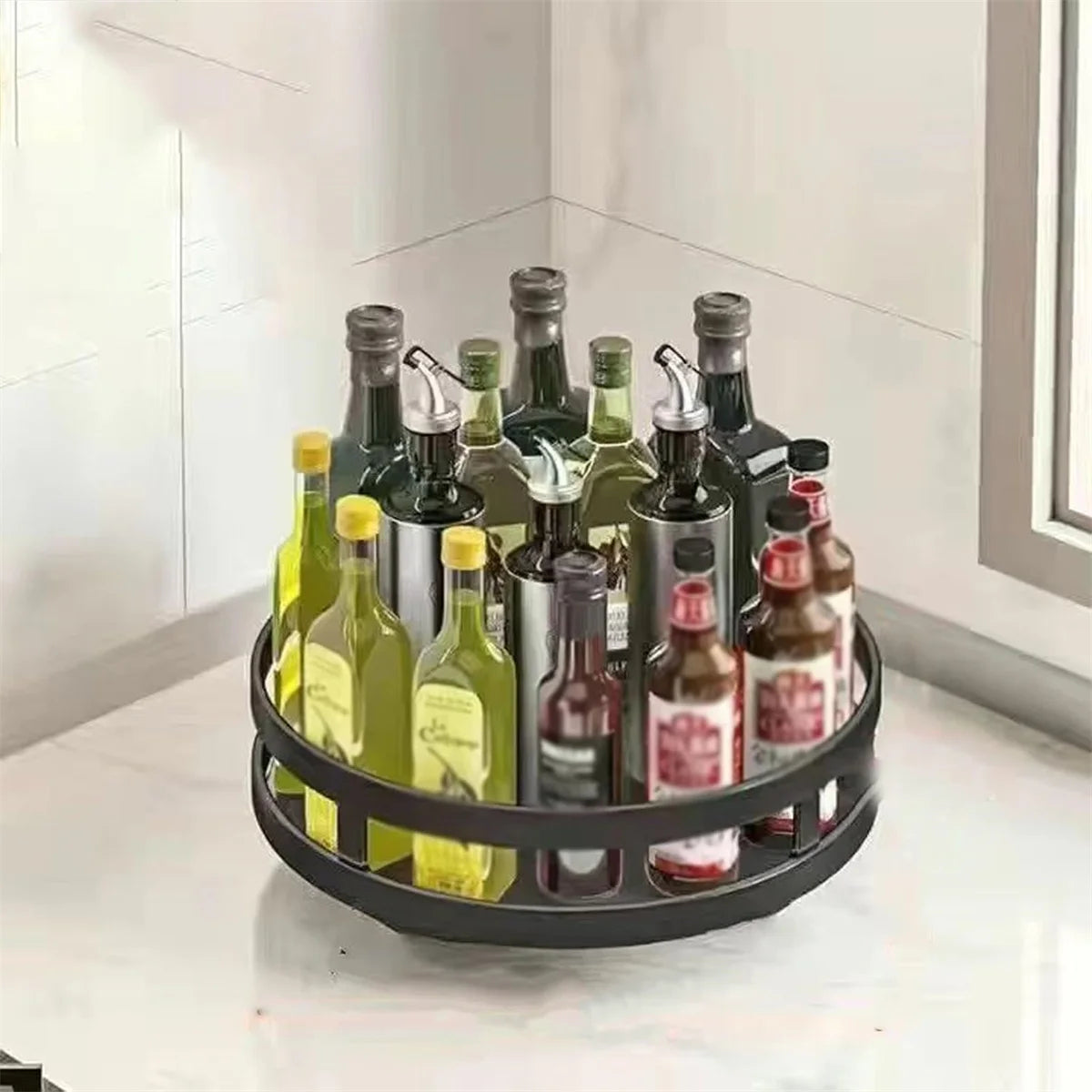 rangement tournant étagère métal noir argenté pots épices bouteilles cosmétiques moderne utilitaire