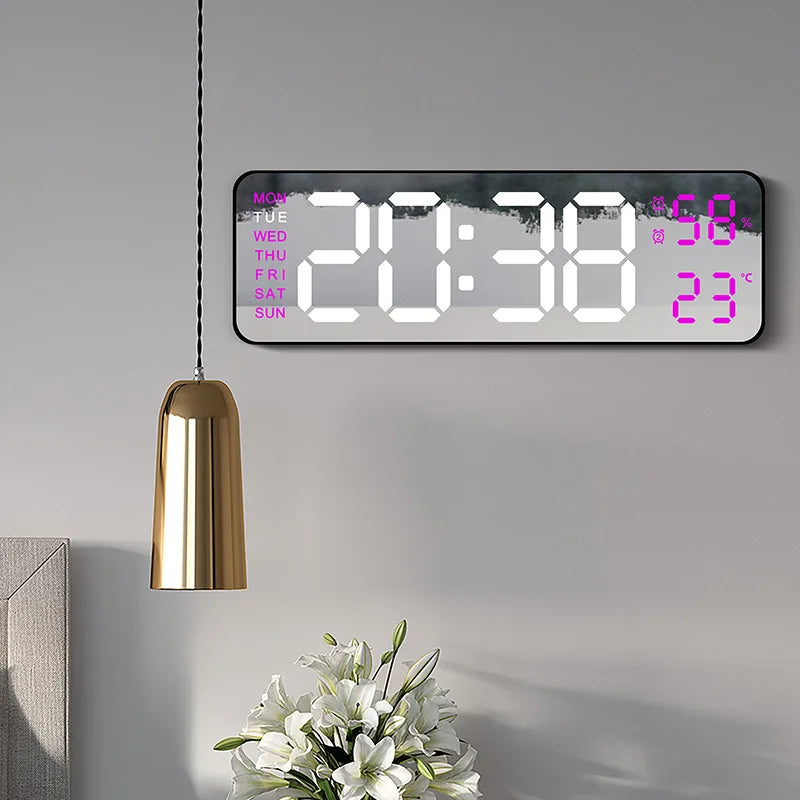 horloge numérique moderne affichage heure jour température réveil date minimalisteécran led noir blanc vert