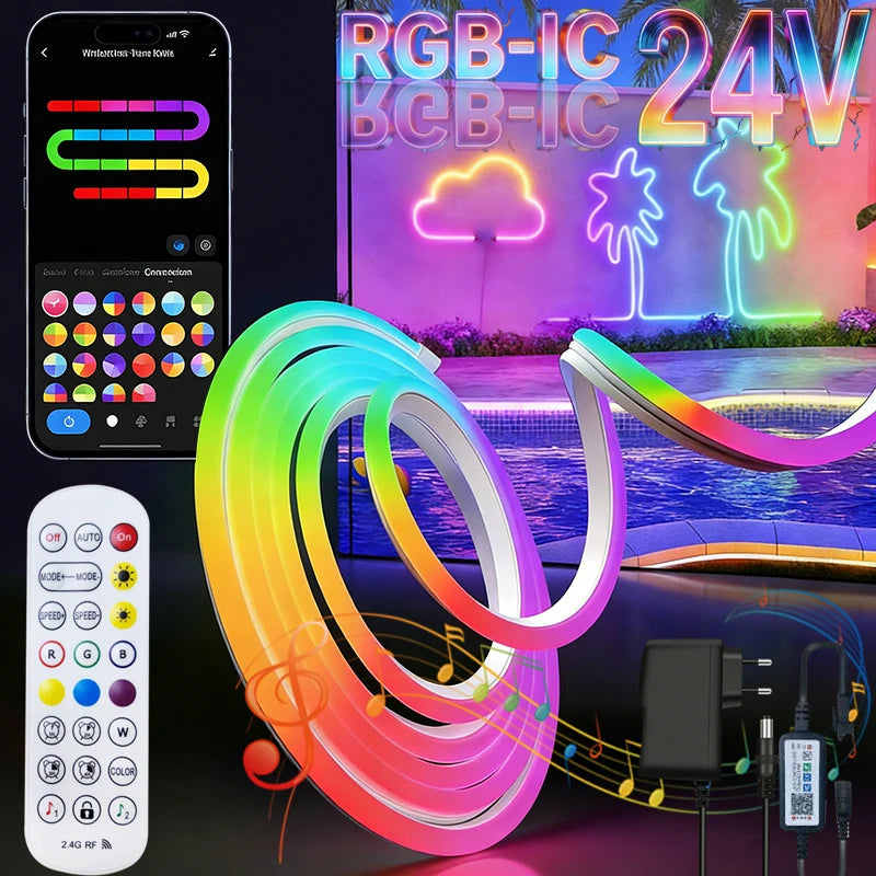 ruban led néon multicolore 24v 60leds mètre moderne télécommande clips étanche ip65