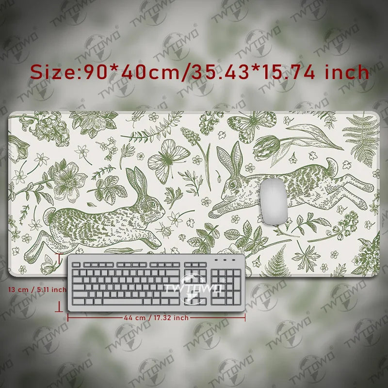 tapis souris lapin vert fleurs graphique adhésif grande taille gamer blanc naturel