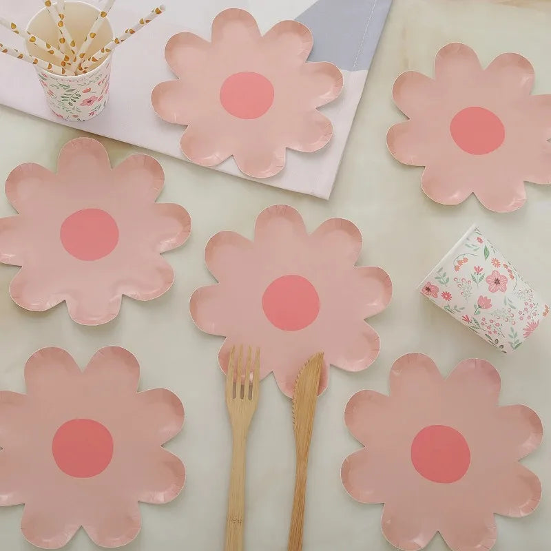 assiettes jetables fleurées anniversaire moderne enfantin blanc rose vert violet