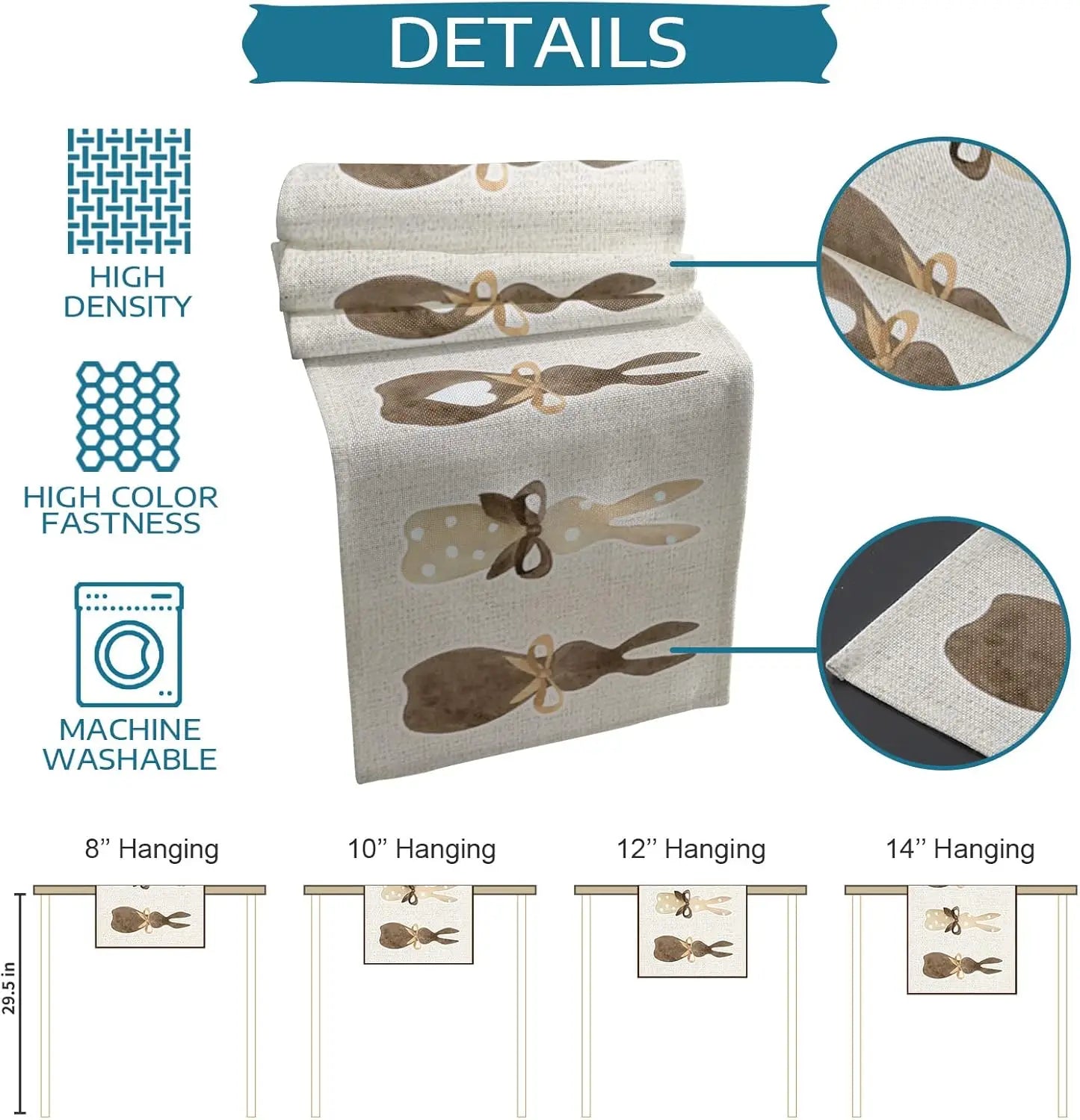 Cette image présente un sac de rangement décoratif imprimé avec des motifs de papillons en nuances de marron sur un fond clair. Diverses tailles de sacs sont affichées, chacune avec des détails sur la densité élevée, la rapidité de coloration et le lavage en machine.