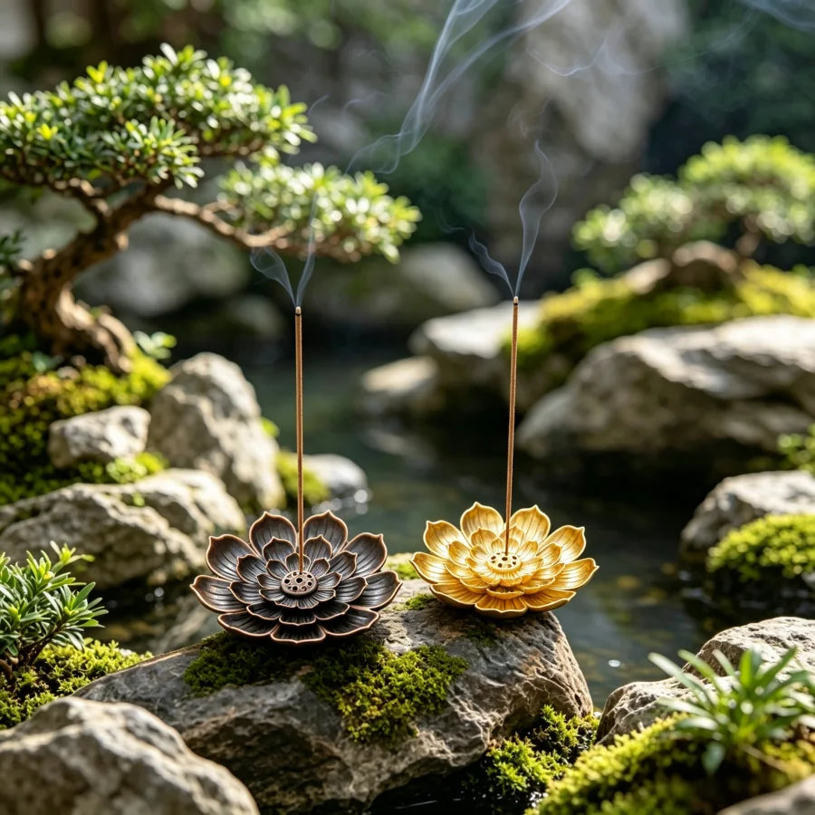 support incense lotus métal noir bronze doré décoration zen floral aromathérapie