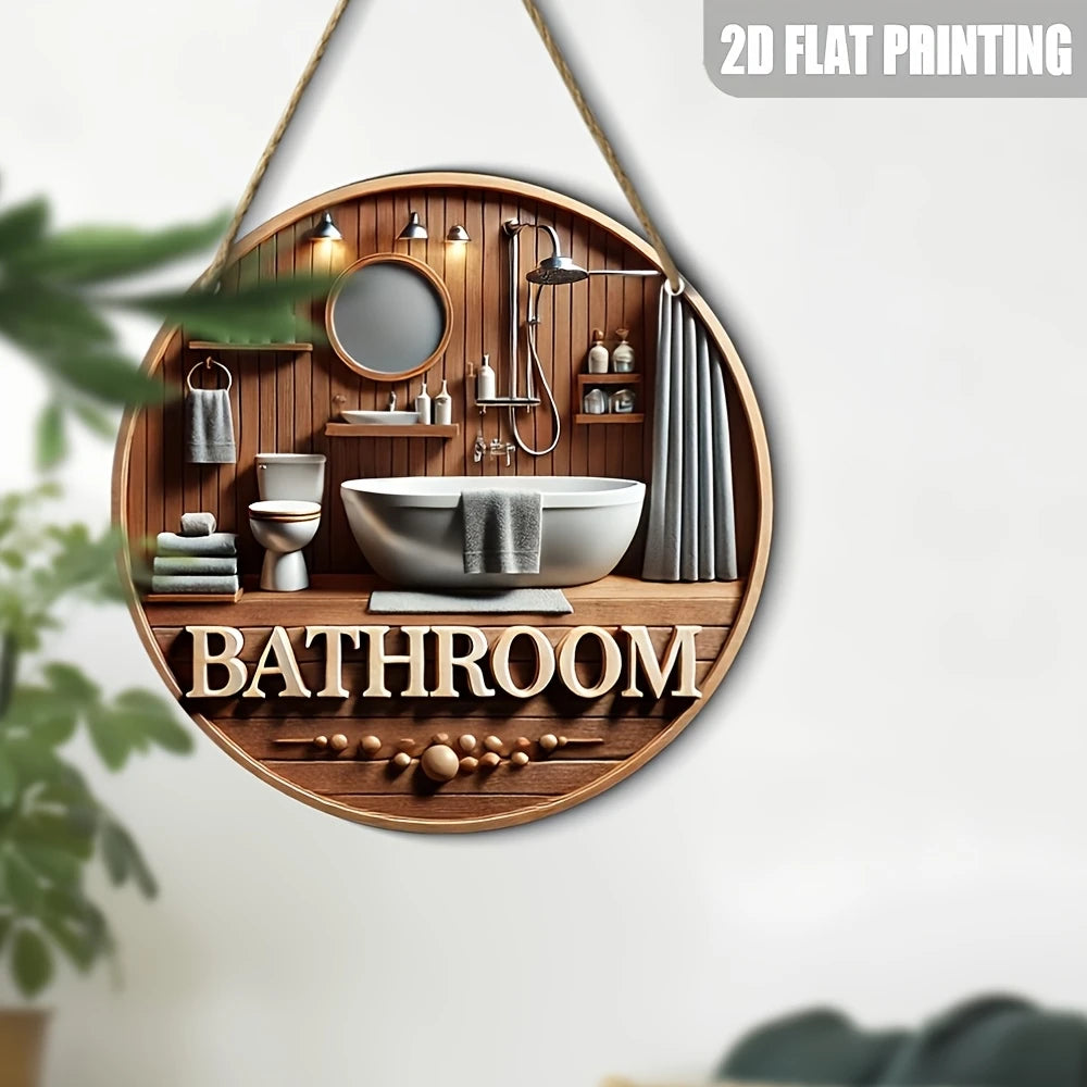 décoration murale plaque bois salle bain baignoire toilette miroir serviettes plantes 3d chambre cordeSuspension