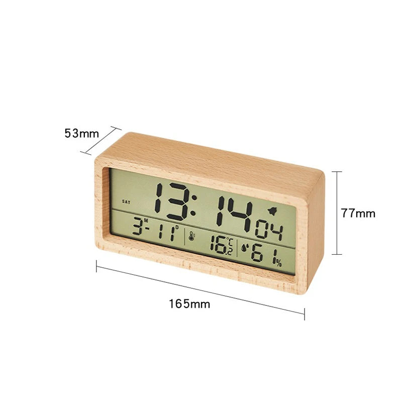 horloge numérique bois naturel minimaliste affichage heure date température humidité vert clair moderne